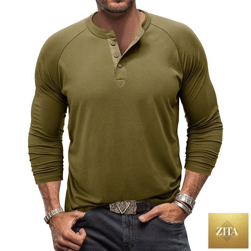 Men's long sleeve round neck T-shirt in solid color by Zita La Belle Elite, shown in a close-up image.
