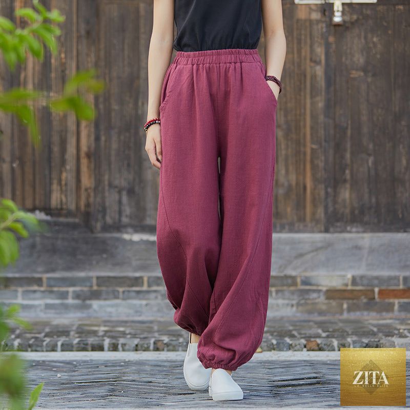 Casual spring summer cotton linen women’s trousers with retro stone wash, ramie and bamboo fabric, relaxed fit yoga pants.