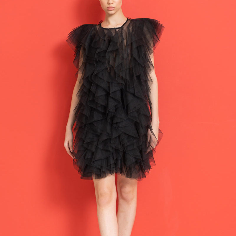 See-through organza sleeveless dress with asymmetric ruffled stitching, stylish and sexy for women by Ragazza