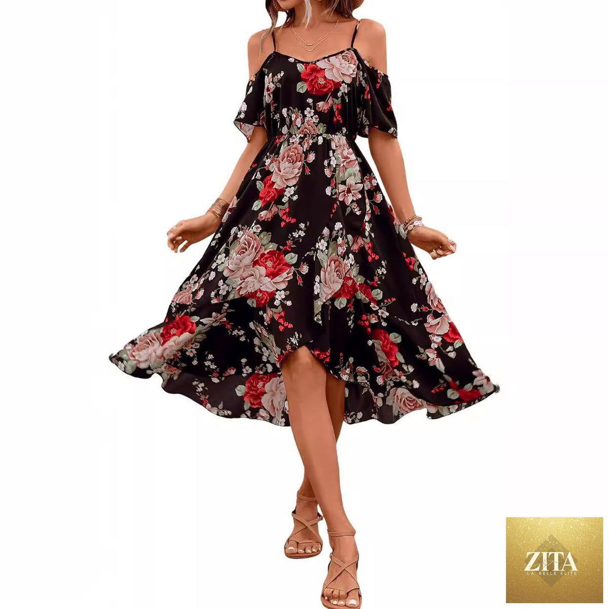 Women's bohemian printed spaghetti strap dress by SHOMICOBOUTIQUE with colorful artistic floral patterns and flowing fabric.