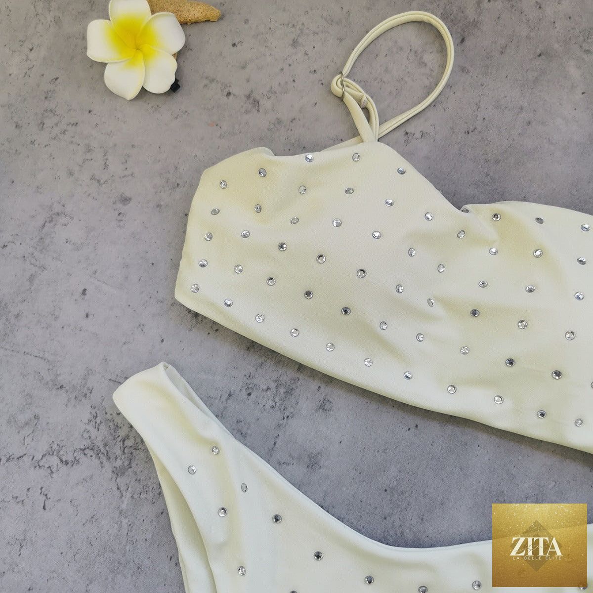 Bella Mia tube top bikini with diamond details, solid color, low waist design, and sexy split style swimsuit.