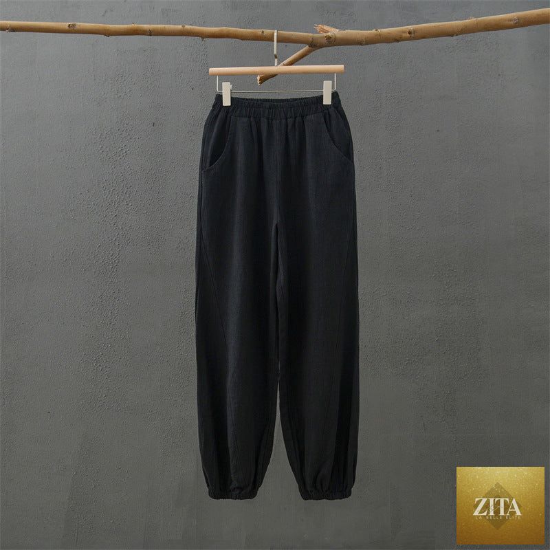 Casual spring summer women’s cotton linen trousers with stone wash finish, bamboo section, from Wanita Store.