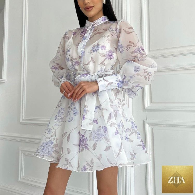 Women’s elegant stand collar long sleeve lace-print A-line cami dress by Wanita Store, featuring a stylish design and flowy silhouette.