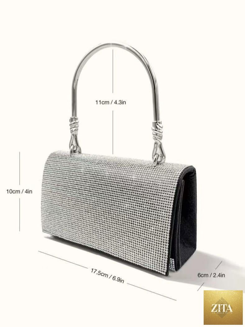 Silver rhinestone evening bag for weddings and parties, stylish wedding purse by SHOMICOBOUTIQUE with intricate sparkling details.