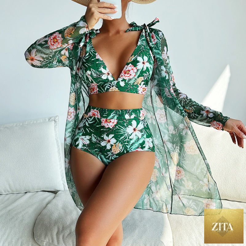 Bella Mia women’s three-piece bikini swimsuit with sexy print, long-sleeved blouse, and matching bikini for stylish swimwear.