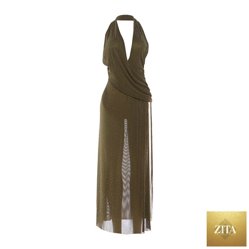 Elegant spring women's dress with deep V plunge neckline, backless design, halter style, by Wanita Store.