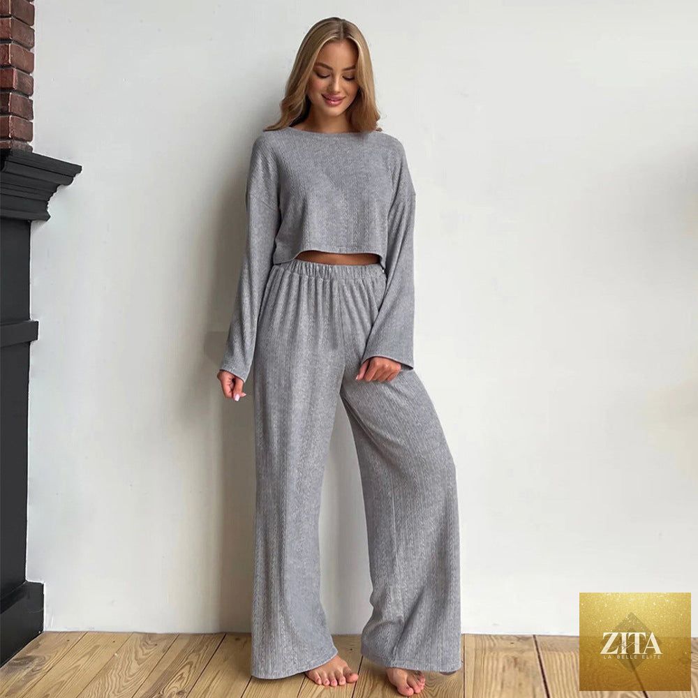 Gray long sleeve trousers pajamas set for women with wheat jacquard pattern, cozy home wear by Bella Mia.