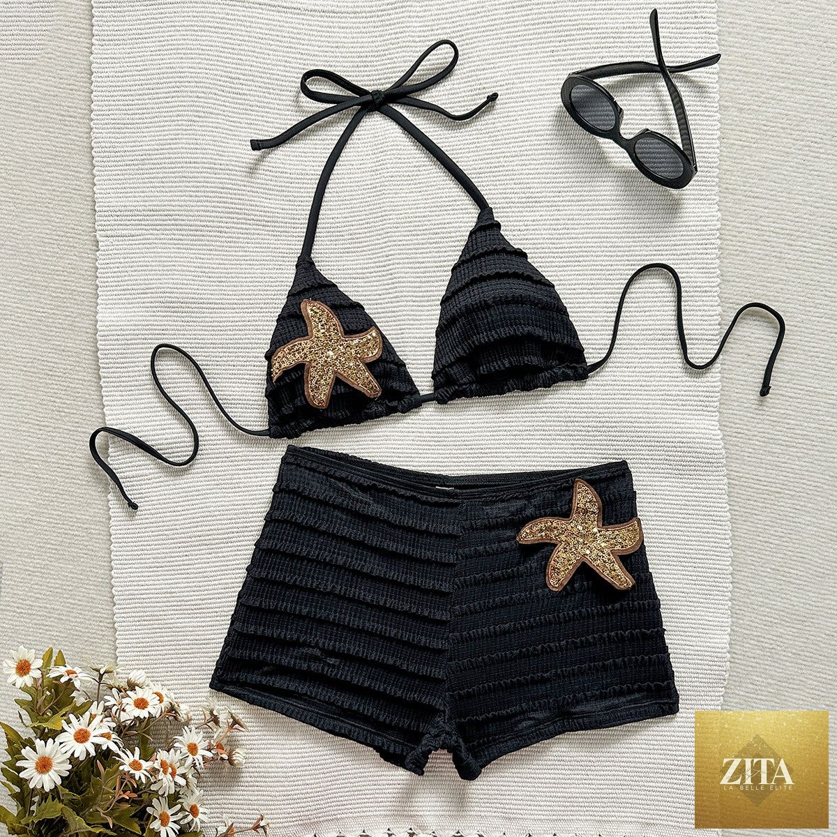 Bella Mia sexy beach vacation bikini with split boxers swimwear, featuring a stylish swimsuit design ideal for beach and poolside wear.