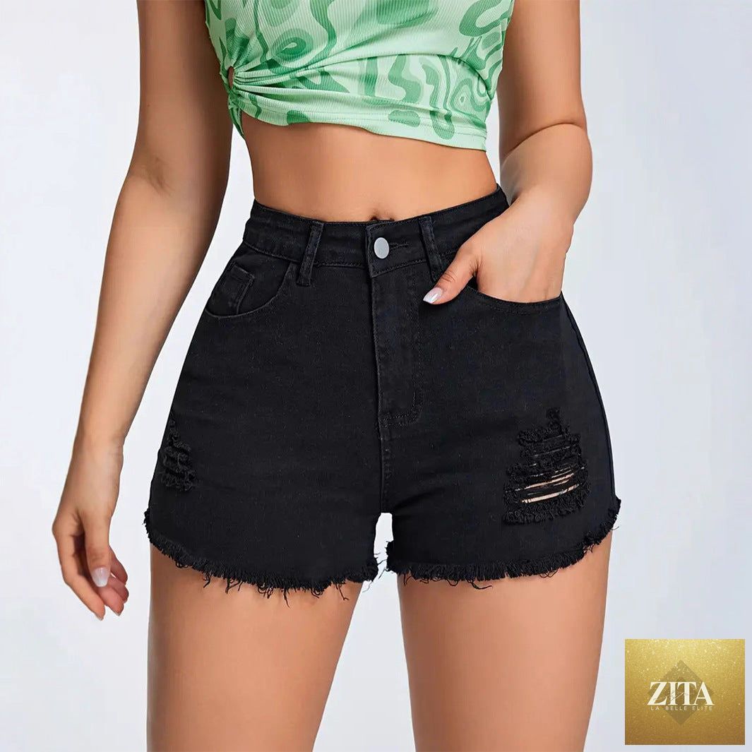 Black ripped denim shorts for women with a slim fit, casual style, multi-craft design, perfect for trendy summer outfits.