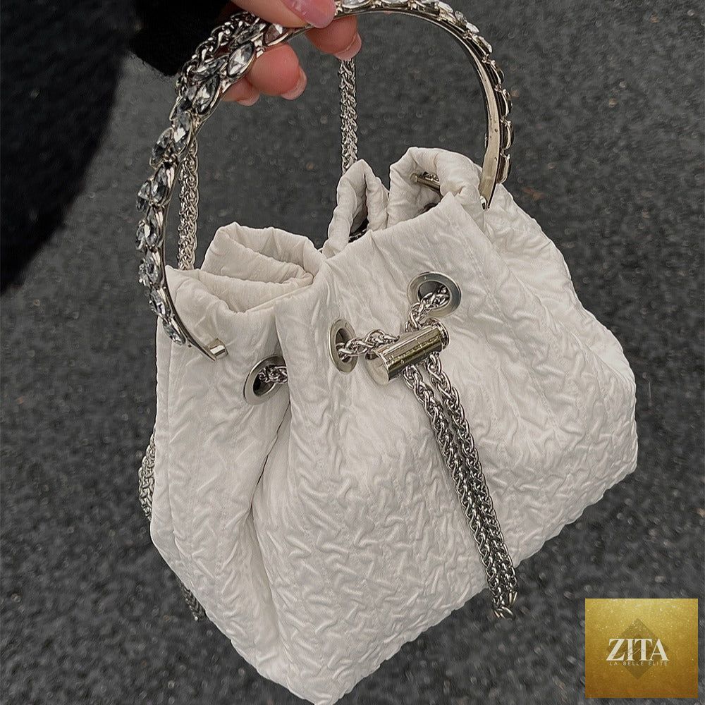 Nude rhinestone chain evening handbag for women, luxury drawstring clutch purse with sparkling embellishments, perfect for parties.