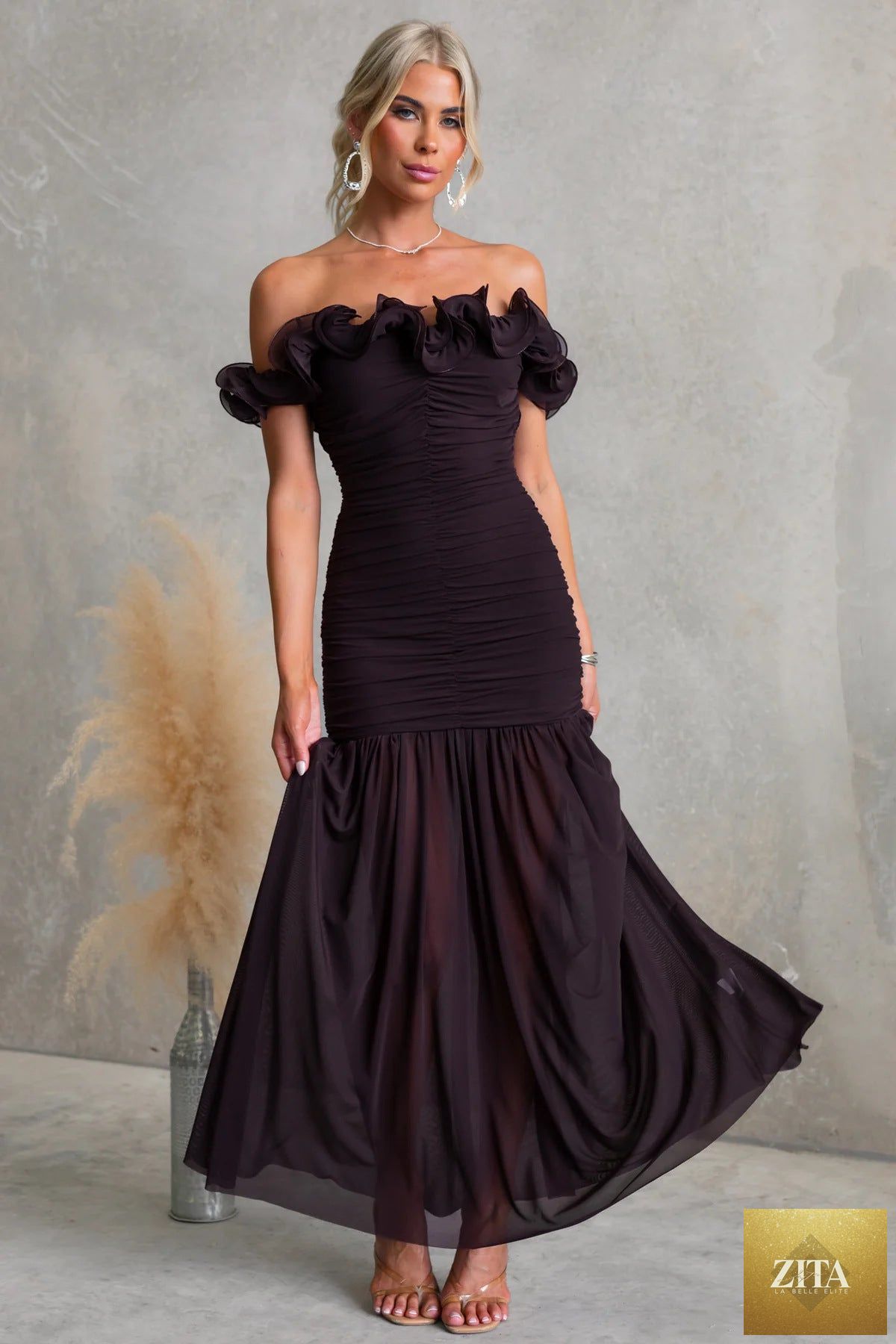 Bella Mia spring summer solid color mesh off-shoulder dress with slim fit, perfect for vacation, featuring a sexy, stylish design.
