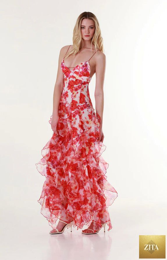 Elegant women's off-the-shoulder chiffon evening gown with floral print, long and flowing for formal occasions.