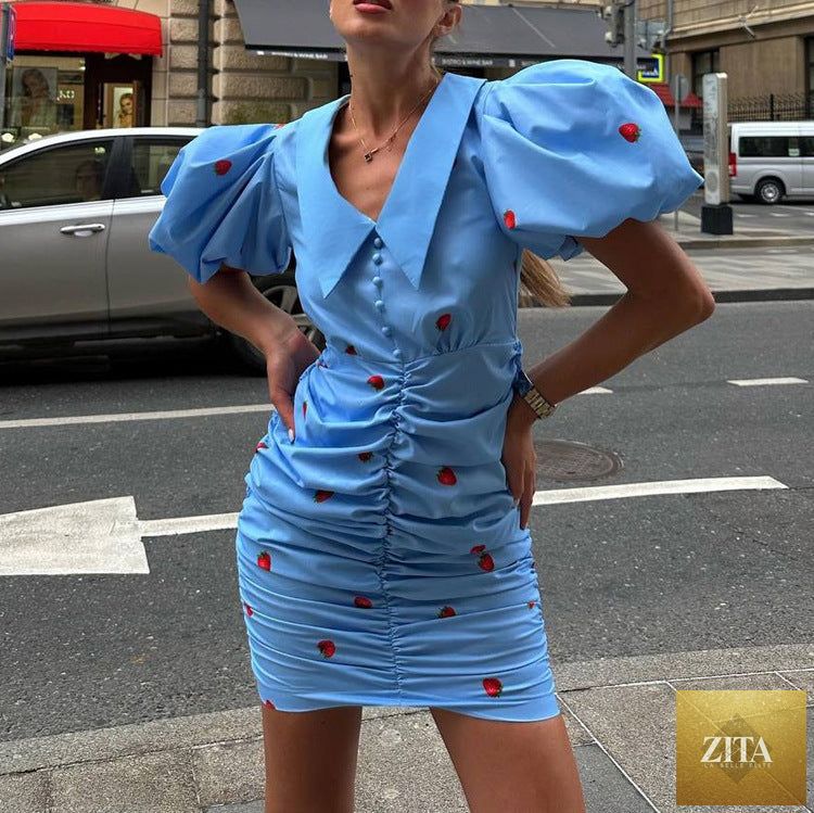 Summer printed short dress for women with collared, puff sleeves and pleated hip design by Bella Mia.