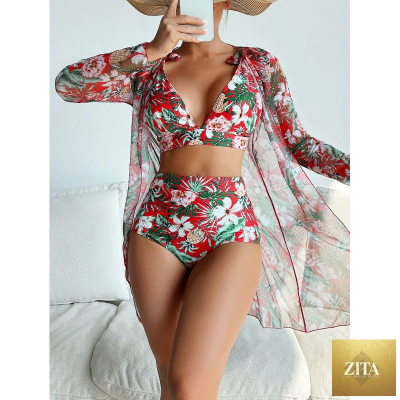 Sexy print bikini swimsuit with long-sleeved blouse and three-piece design, by Bella Mia, perfect for stylish beachwear.