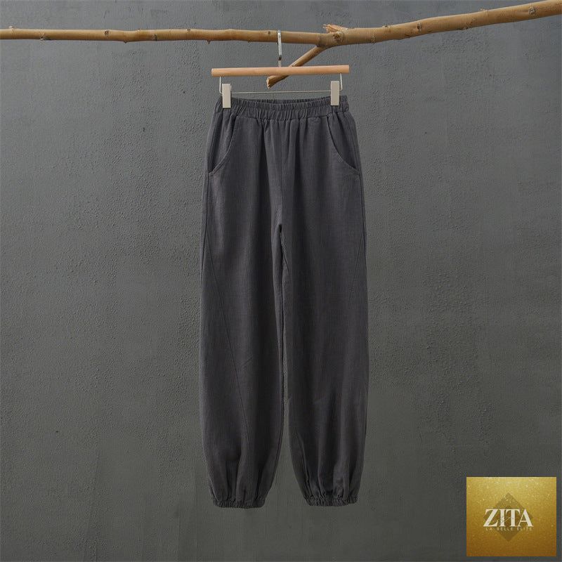Casual cotton linen women’s trousers with stone wash finish, lightweight spring summer bamboo ramie fabric, relaxed fit.