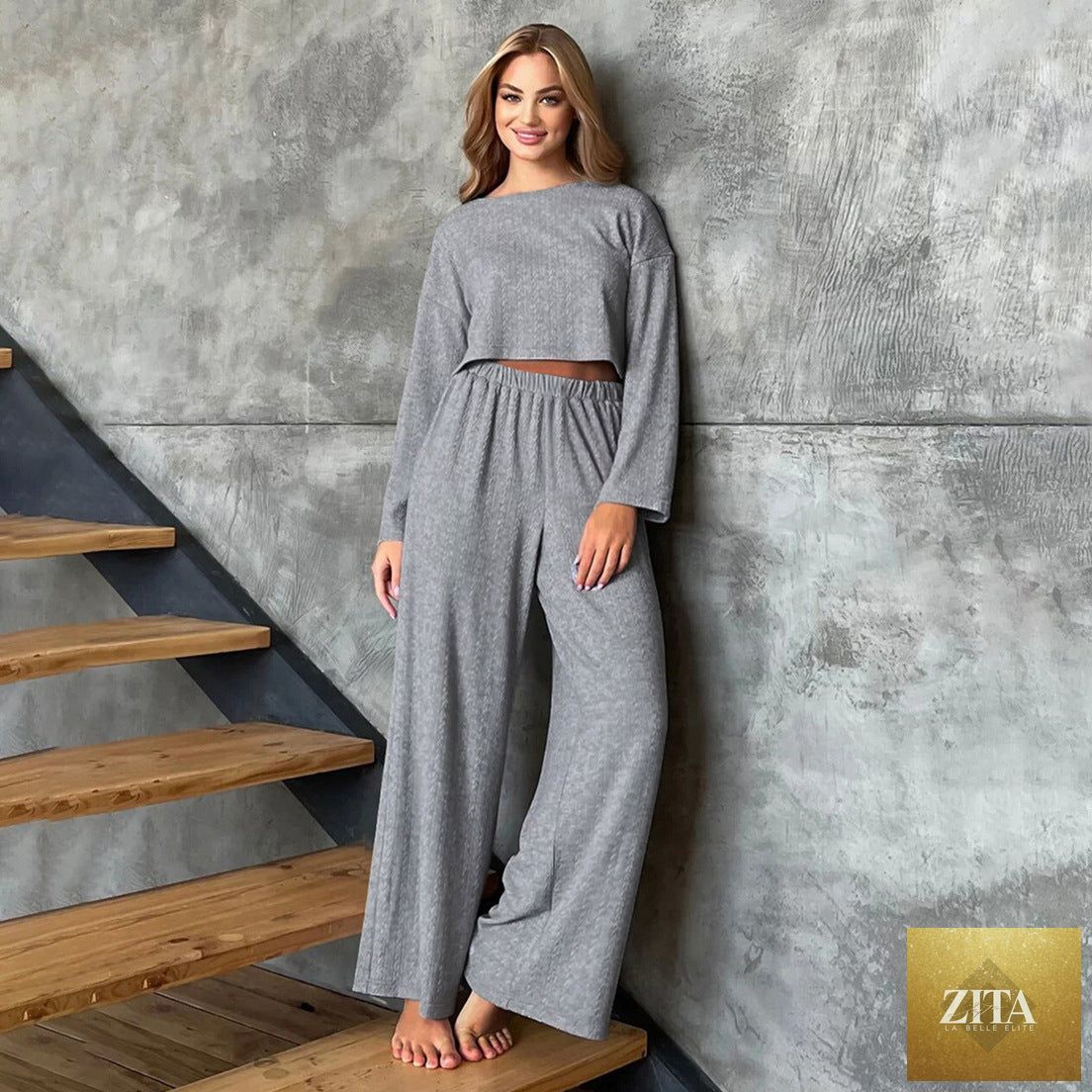 Gray long sleeve pajama trousers set with wheat jacquard pattern for women, cozy winter home wear by Bella Mia