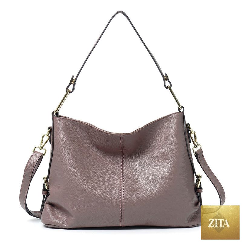Elegant genuine leather handbag with stylish hobo and crossbody design, featuring a sleek, sophisticated look in high-quality leather.
