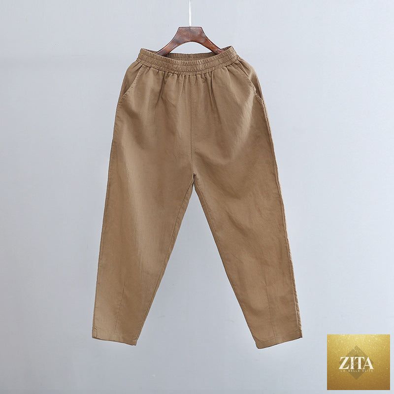 Casual cotton linen women's cropped pants in beige, slim fit, all-matching, spring-summer fashion, stylish baggy design