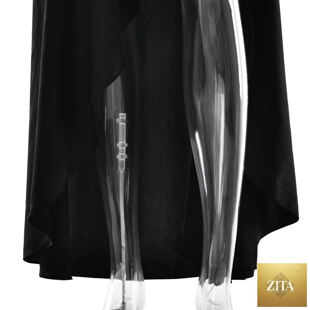Elegant satin long women’s evening dress with suspenders, ruffle details, and high slit for stylish clubwear by Trendy Attic Store01.