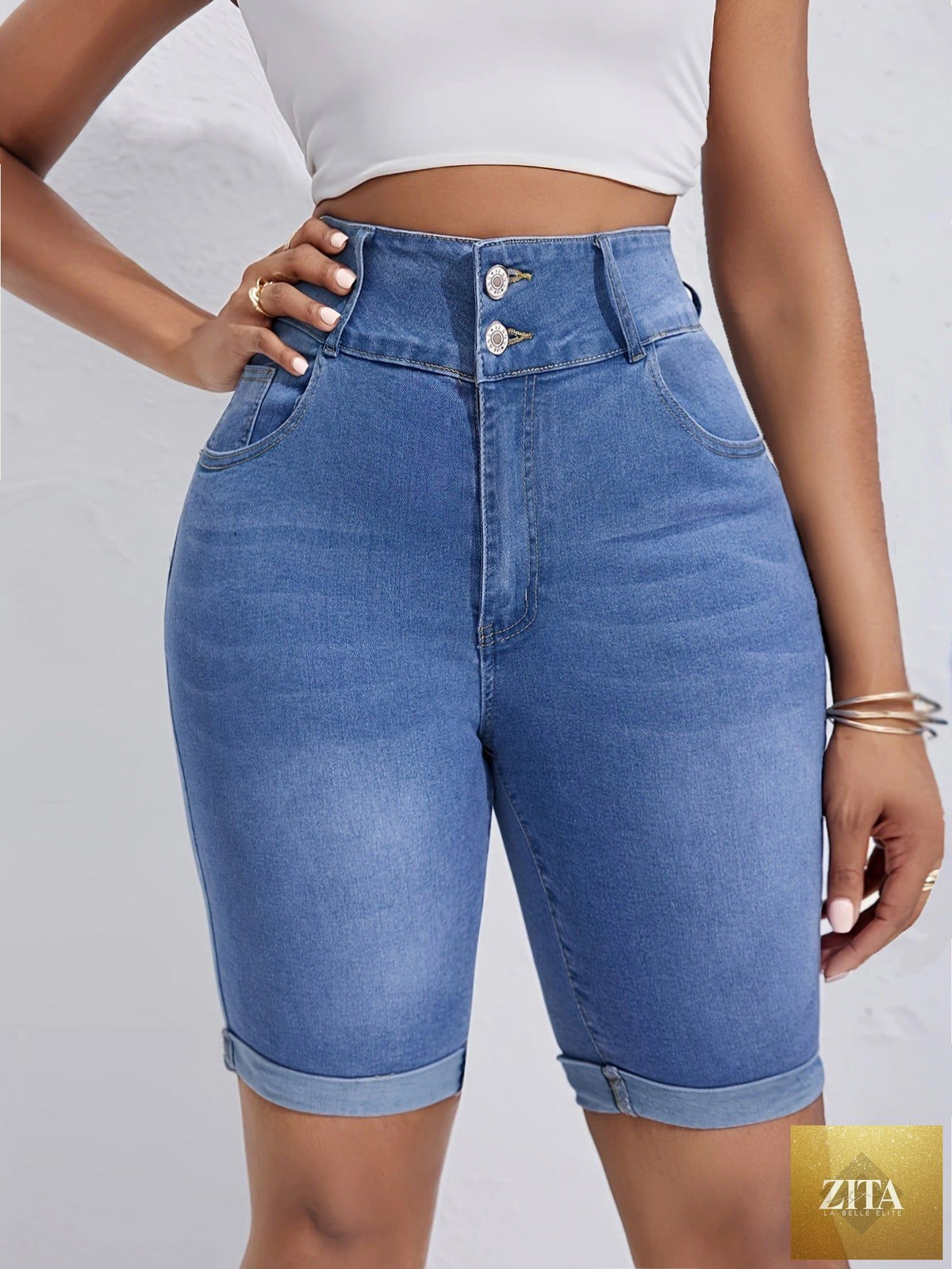 Ladies high waist double buckle middle denim shorts with curling stretch fabric, designed for cycling and casual wear.