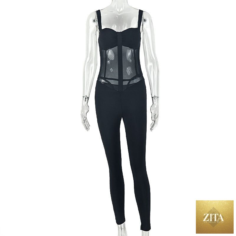 Bella Mia women's high waist jumpsuit with solid color design, tight fit, elastic sling, and micro transparent fabric.