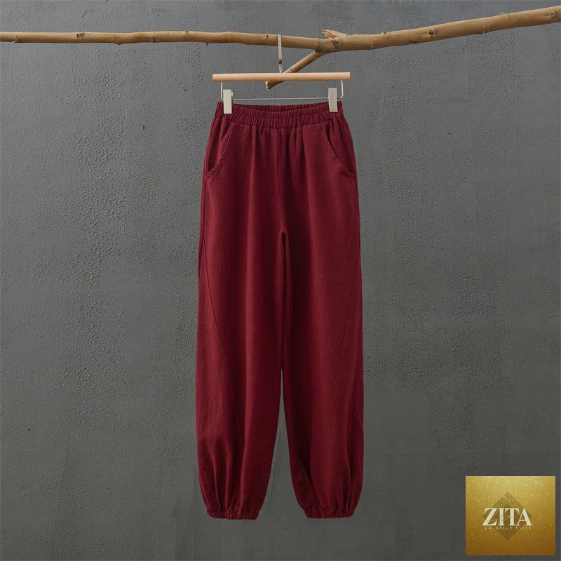 Casual spring summer cotton linen women’s trousers with stone wash finish, bamboo section, relaxed fit, and comfortable knickerbockers style