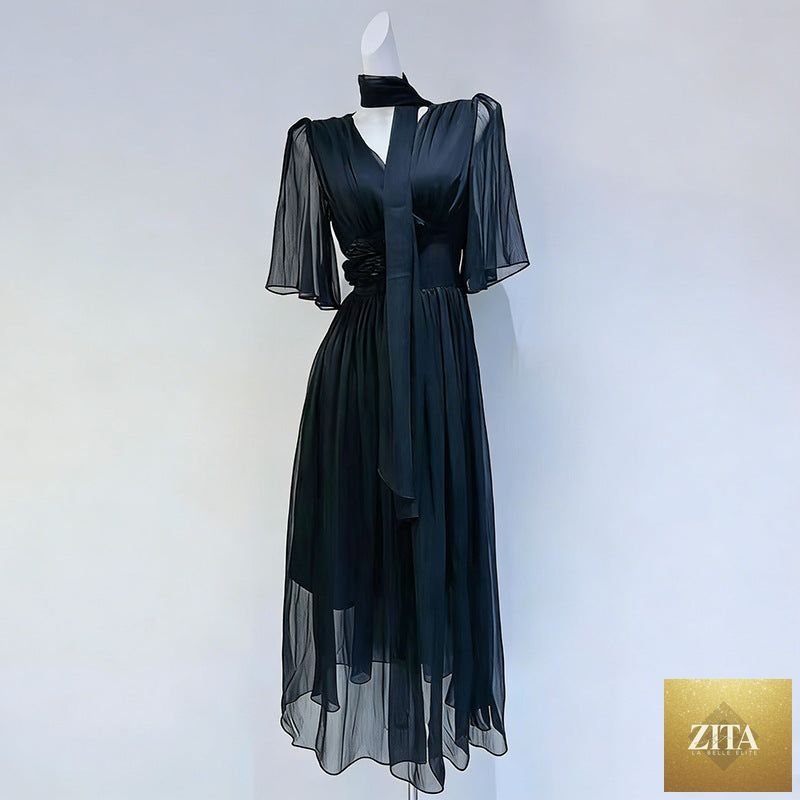 French solid color maxi dress by Ragazza, spring high-grade dress with floral design and slimming waist for women.