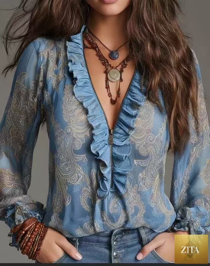 Romantic Boh deep V plunge neck paisley chiffon shirt with ruffled details, stylish and flowy, perfect for elegant casual wear.