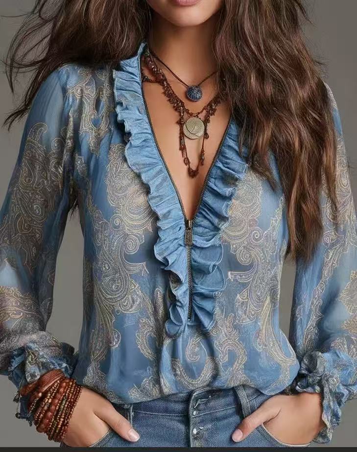Romantic Boh deep V plunge neck paisley chiffon shirt with ruffled details, stylish and flowy, perfect for elegant casual wear.