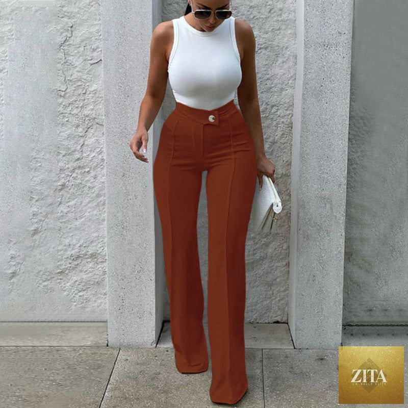 Women’s casual wide-leg bootcut pants in neutral fabric, perfect for autumn office wear, by Wanita Store.