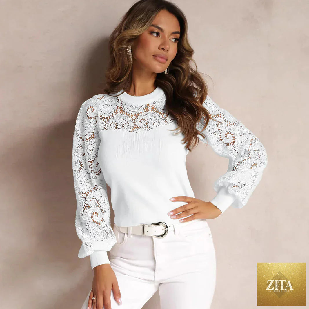 Women's lace sleeve round neck T-shirt from Trendy Attic Store01, featuring a stylish design with lace sleeve details.