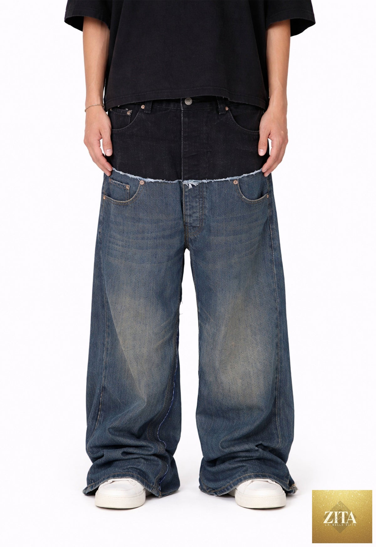 Model wearing UNDEVELOPED Wideboy Midnight Double Denim jeans, showcasing the fit and dark wash fabric.