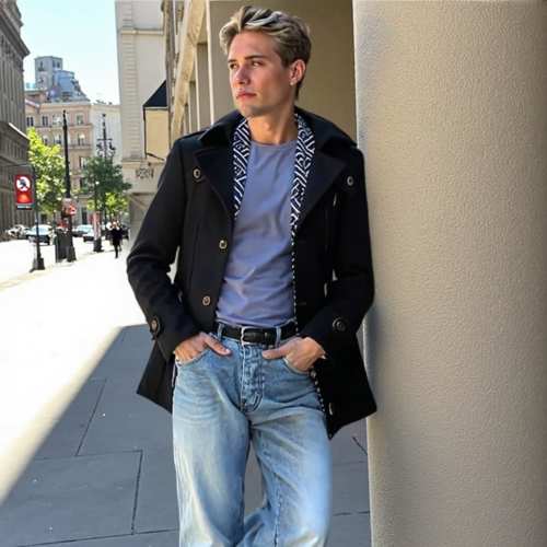 Mens Layered Collar Button Front Mid Length Coat Yellow Pandora