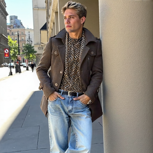 Mens Layered Collar Button Front Mid Length Coat Yellow Pandora