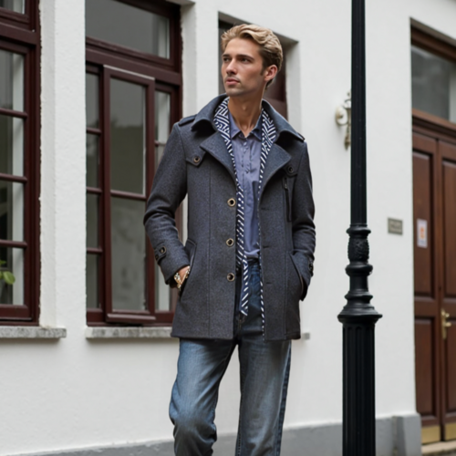 Mens Layered Collar Button Front Mid Length Coat Yellow Pandora