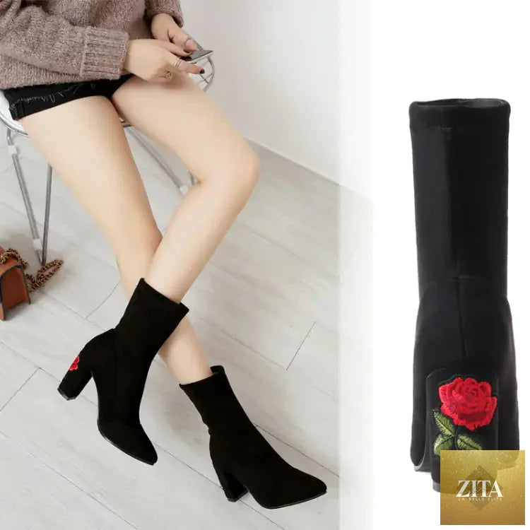 Gray embroidered ankle boots with chunky heels for women, stylish and comfortable footwear by Trendy Attic Store01.