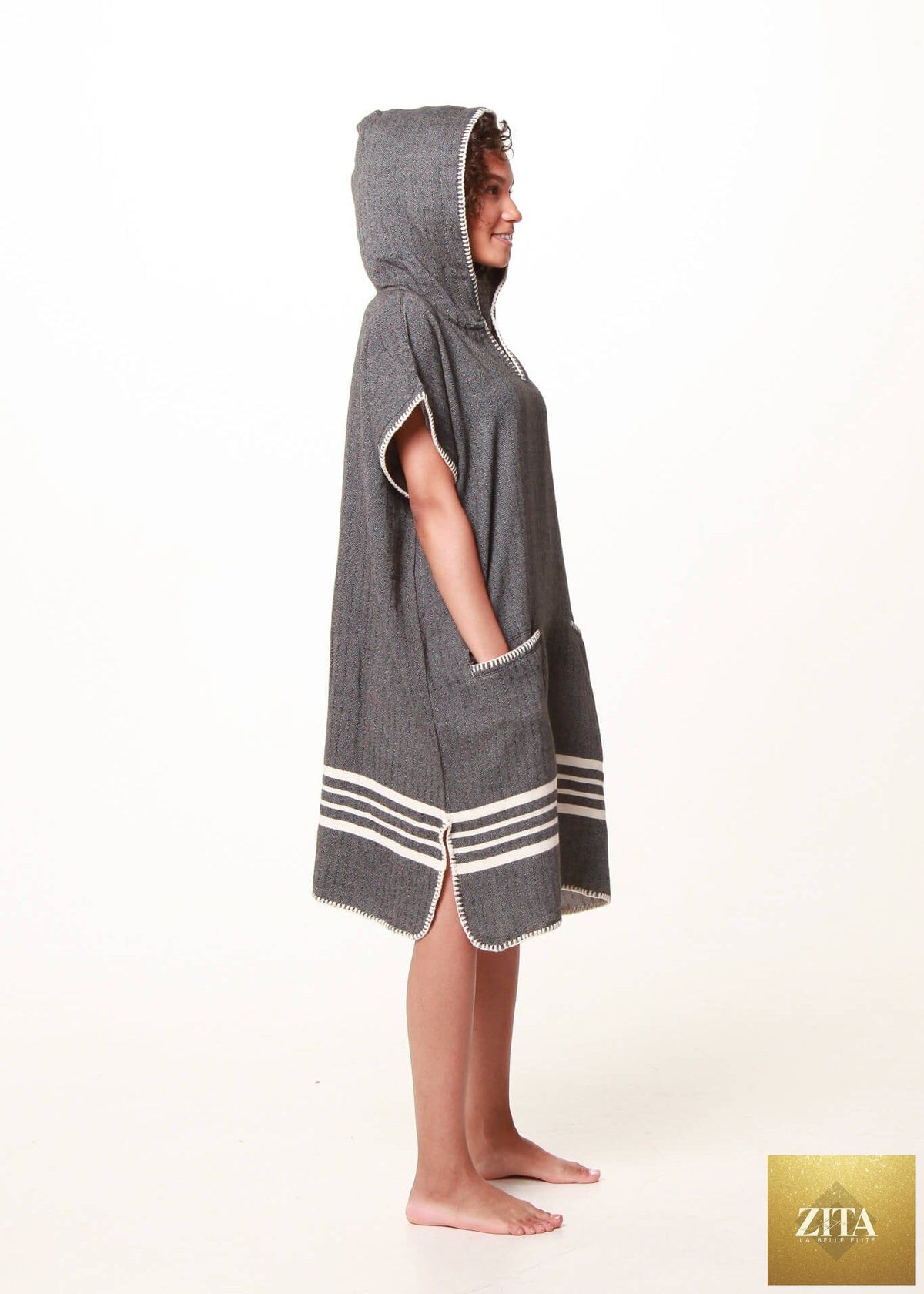Black Zita La Belle Elite beach cover-up poncho with hood, lightweight and stylish for seaside or poolside wear