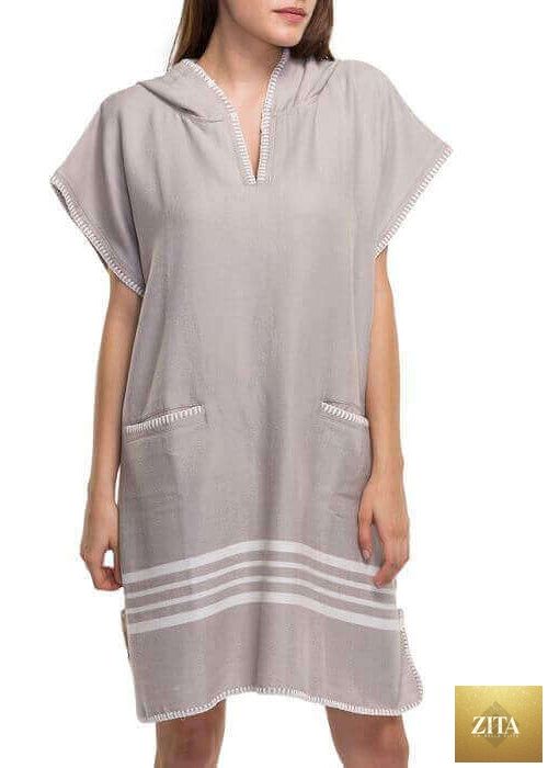 Gray Zita La Belle Elite beach cover-up poncho with hood, lightweight and comfortable for beach or poolside wear.