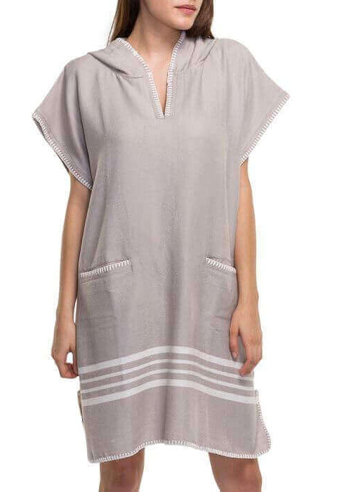Buldano beach cover-up poncho with hood in gray, lightweight and stylish for seaside or poolside wear.