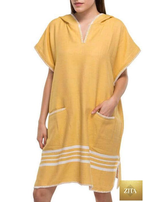 Yellow Zita La Belle Elite beach cover-up poncho with hood, lightweight and comfortable for seaside wear.