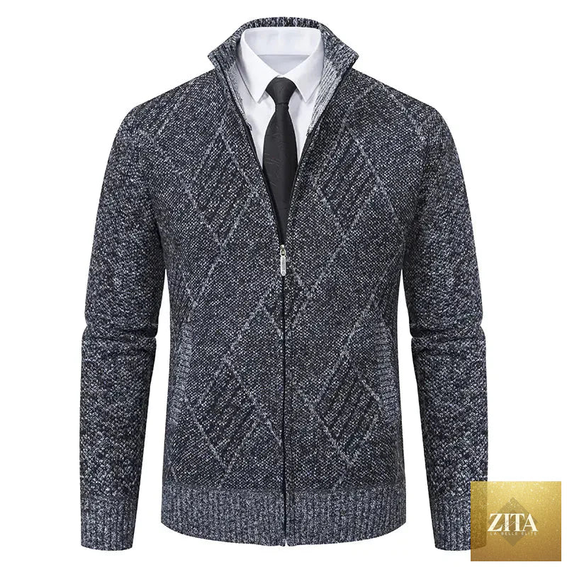 Men's casual slim-fit stand collar sweater from Trendy Attic Store01, featuring a cozy knit texture and classic design.