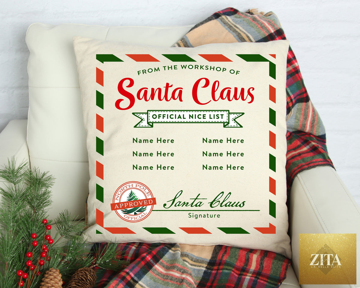 Customizable 18x18 inch Cotton and Crate Nice List pillow cover with festive holiday design.