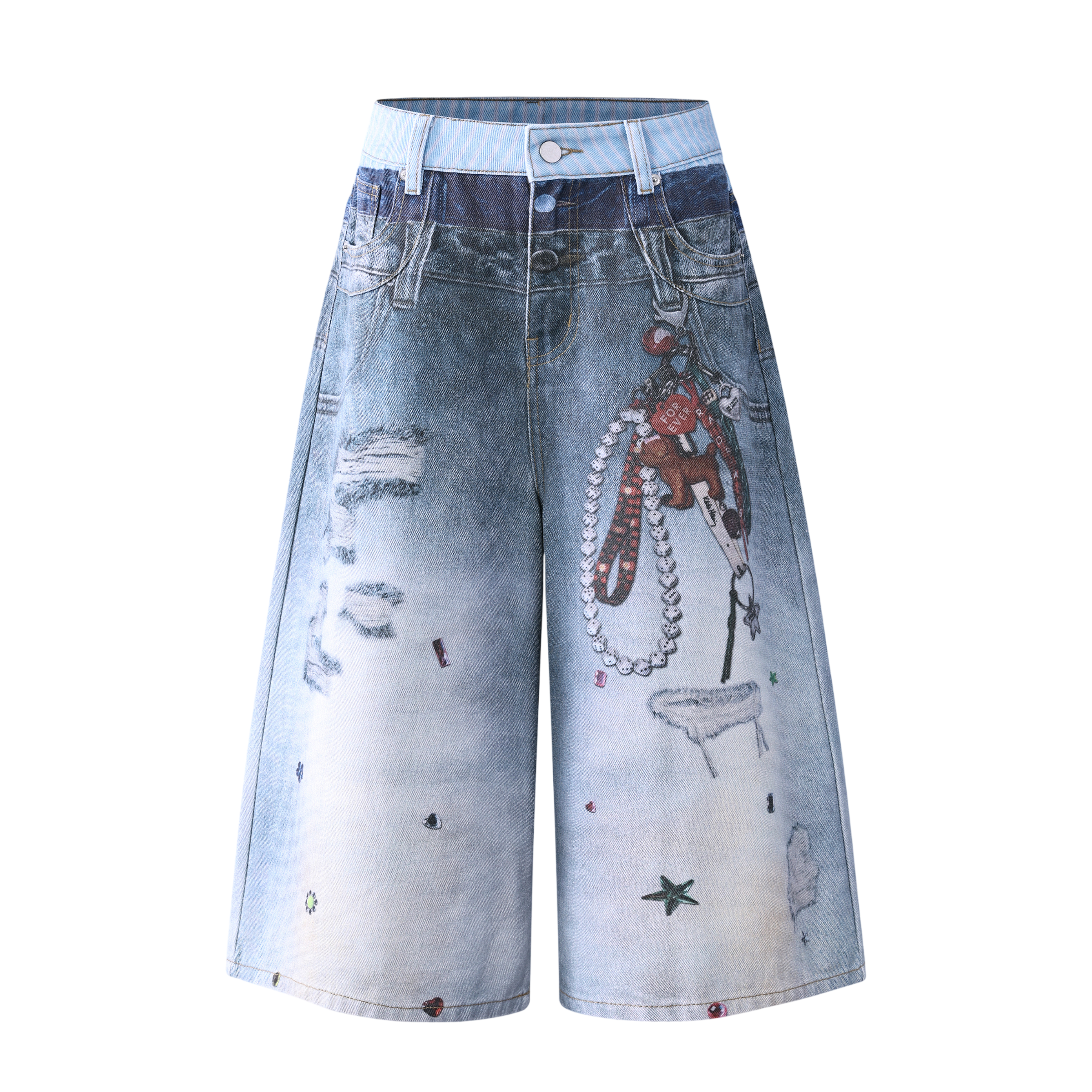 Undeveloped charm print denim shorts featuring a stylish design and classic denim fabric, perfect for casual summer wear.