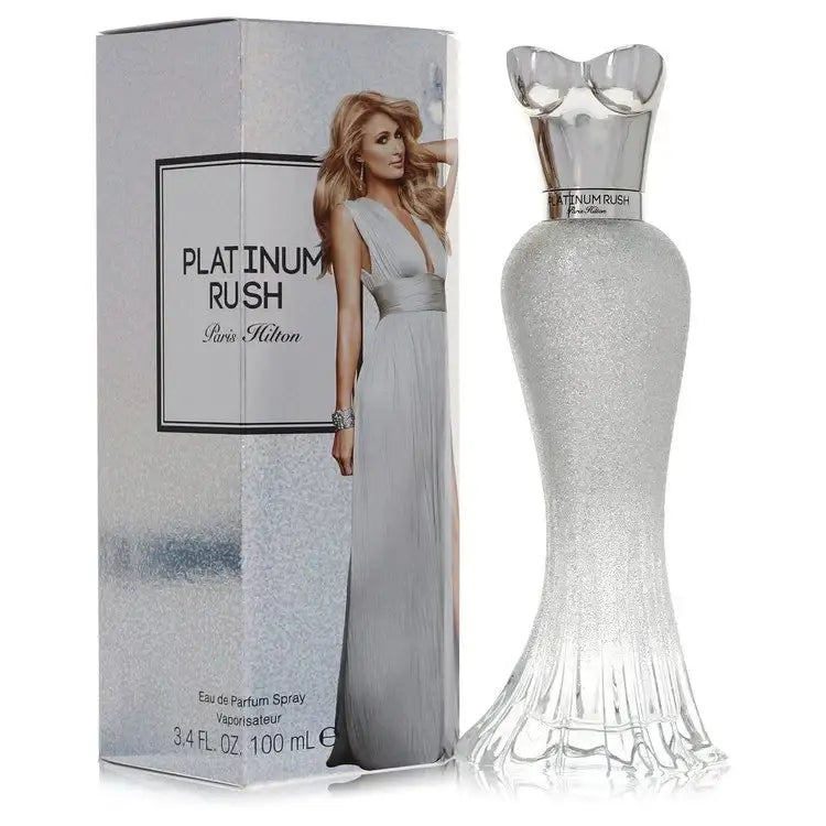 Elegant bottle of Platinum Rush by Paris Hilton perfume for women, featuring a sleek design from Gamer Scents.