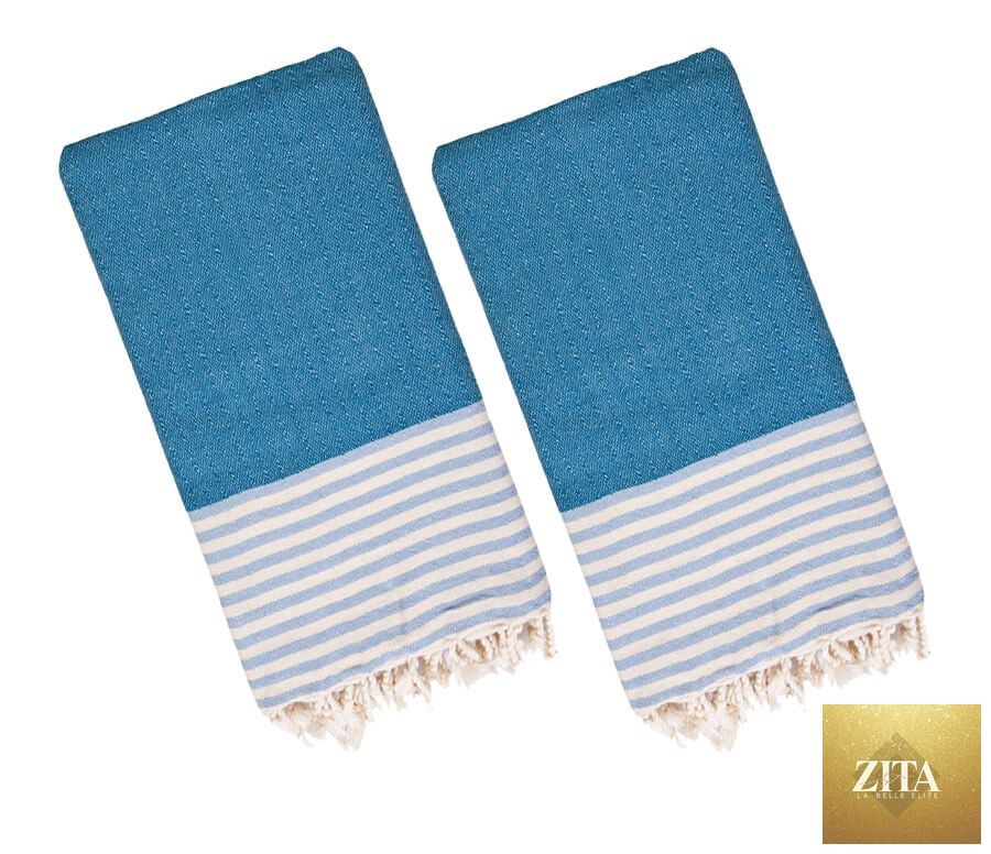 Multi-color Turkish towel bundle by Zita La Belle Elite featuring vibrant blue and petrol striped Turkish towels.