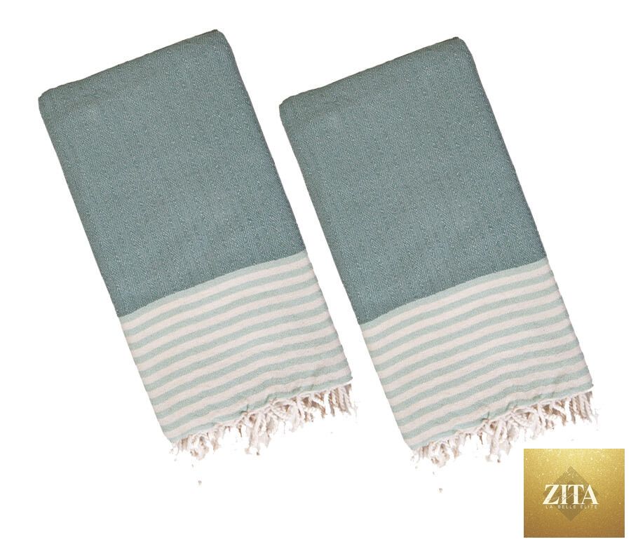 Set of two Zita La Belle Elite Turkish towels in mint and green, featuring vibrant multicolor stripes and soft, lightweight fabric.