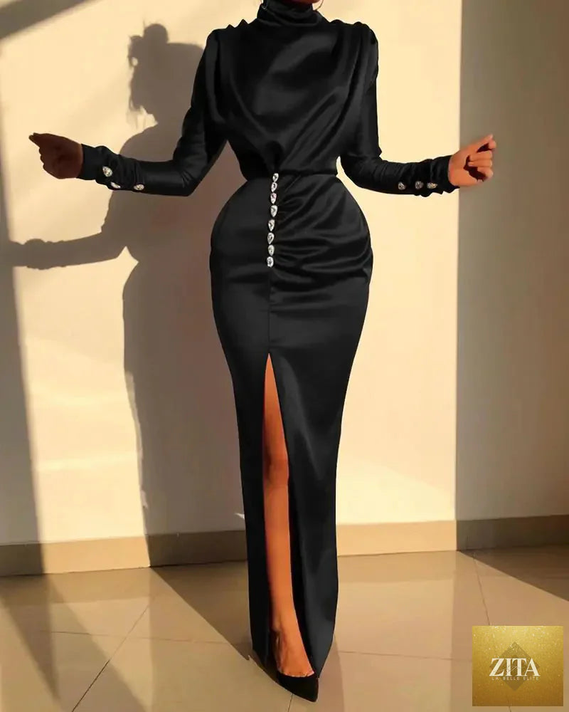 Women's long sleeve high waist split evening dress by Trendy Attic, featuring a sexy design and elegant style.