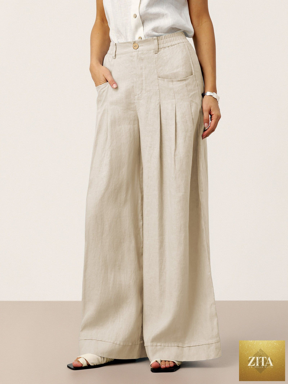 100% Linen Sculpted Pleat Elasticated Back Relaxed Pants VERIDIANA