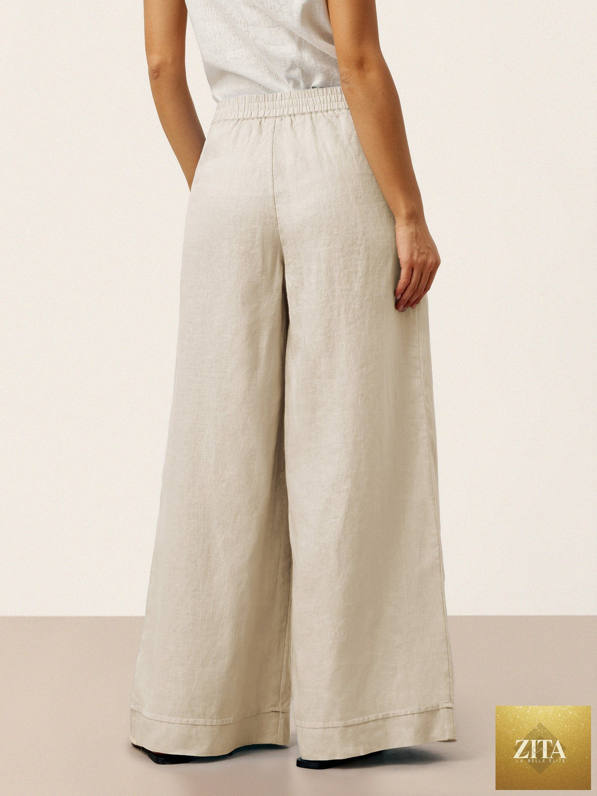 100% Linen Sculpted Pleat Elasticated Back Relaxed Pants VERIDIANA