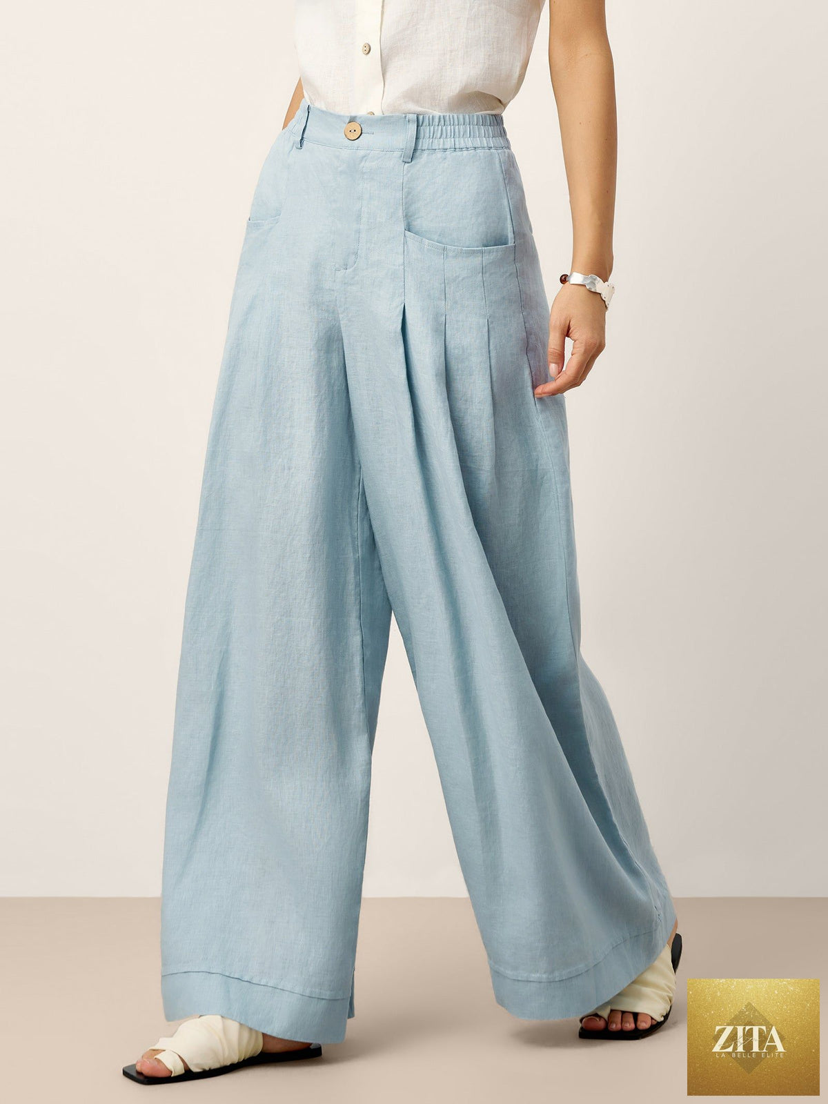 100% Linen Sculpted Pleat Elasticated Back Relaxed Pants VERIDIANA